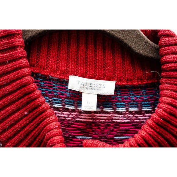Talbots Petites womens L button cardigan sweater Fair isle red blue cotton knit - Picture 2 of 7
